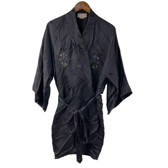 Golden Dragon Embroidered Kimono Robe Black Large Vintage Tie - Picture 1 of 9